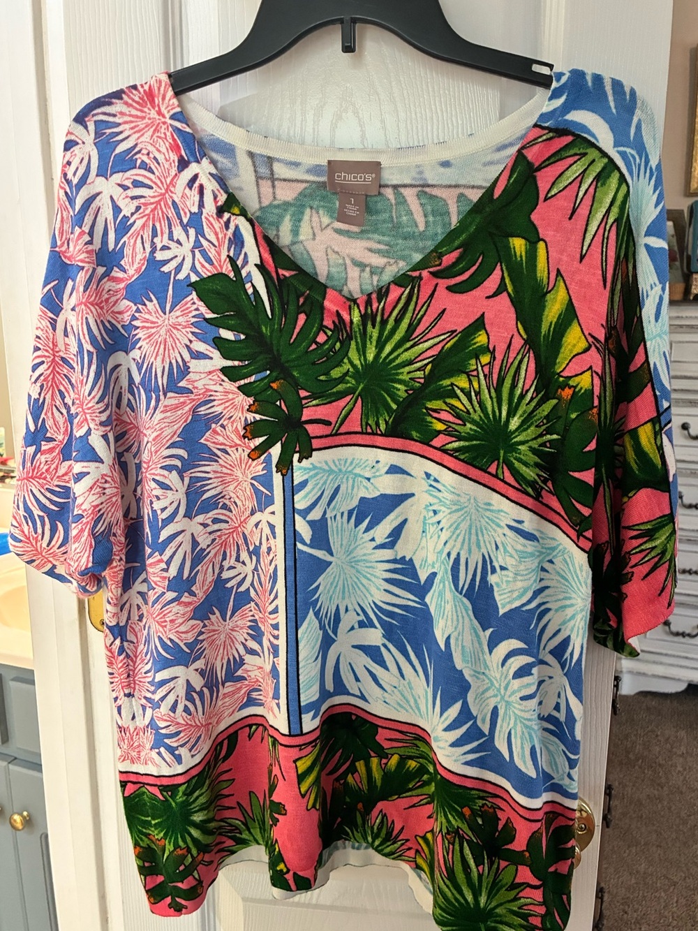 Chico's Bright Tropical Block Print V-Neck Sweater SZ 1/M